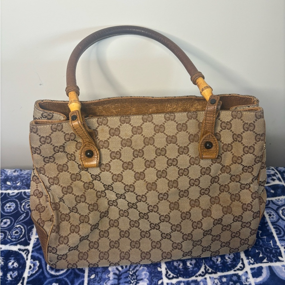 GUC Gucci canvas/leather/bamboo vintage purse